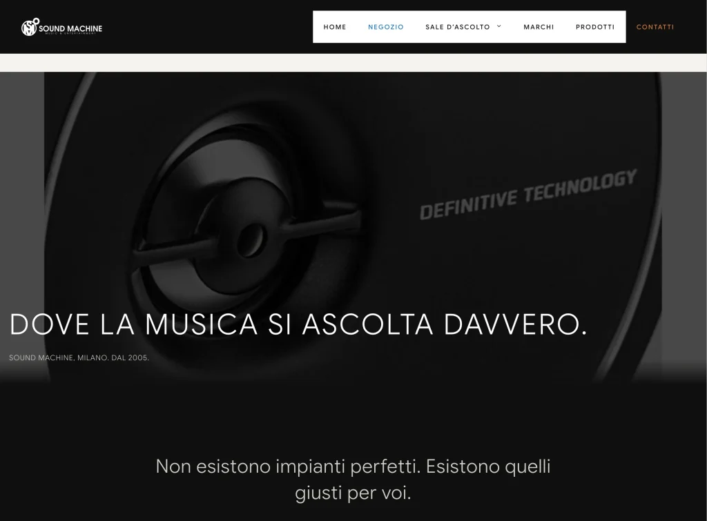 Negozio page after the dark restyling — speaker close-up hero with claim Dove la musica si ascolta davvero