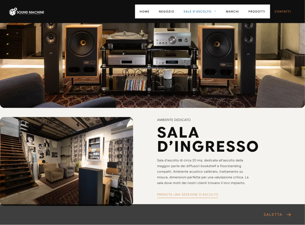 Sala d'Ingresso page after the restyling — listening room with speakers on a concrete wall