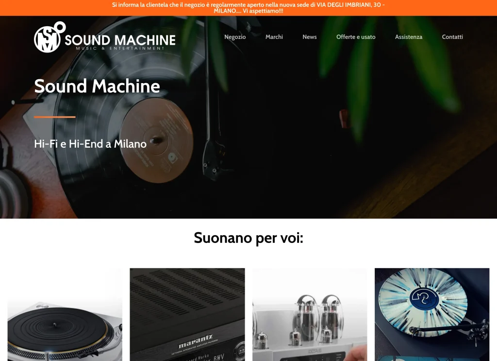 Sound Machine homepage before the restyling — bright layout with orange notice bar and turntable hero